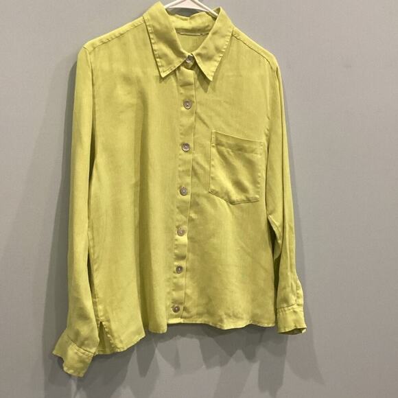Womens Linen Button Up Shirt Size Large L XL Chartreuse Green Lagenlook Beach - Picture 1 of 8